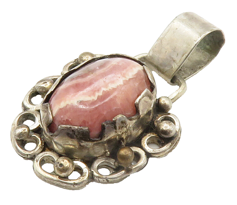 925 Sterling Silver Vintage Cabochon Rhodochrosite Floral Pendant PT11702