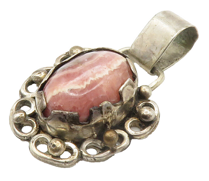 925 Sterling Silver Vintage Cabochon Rhodochrosite Floral Pendant PT11702