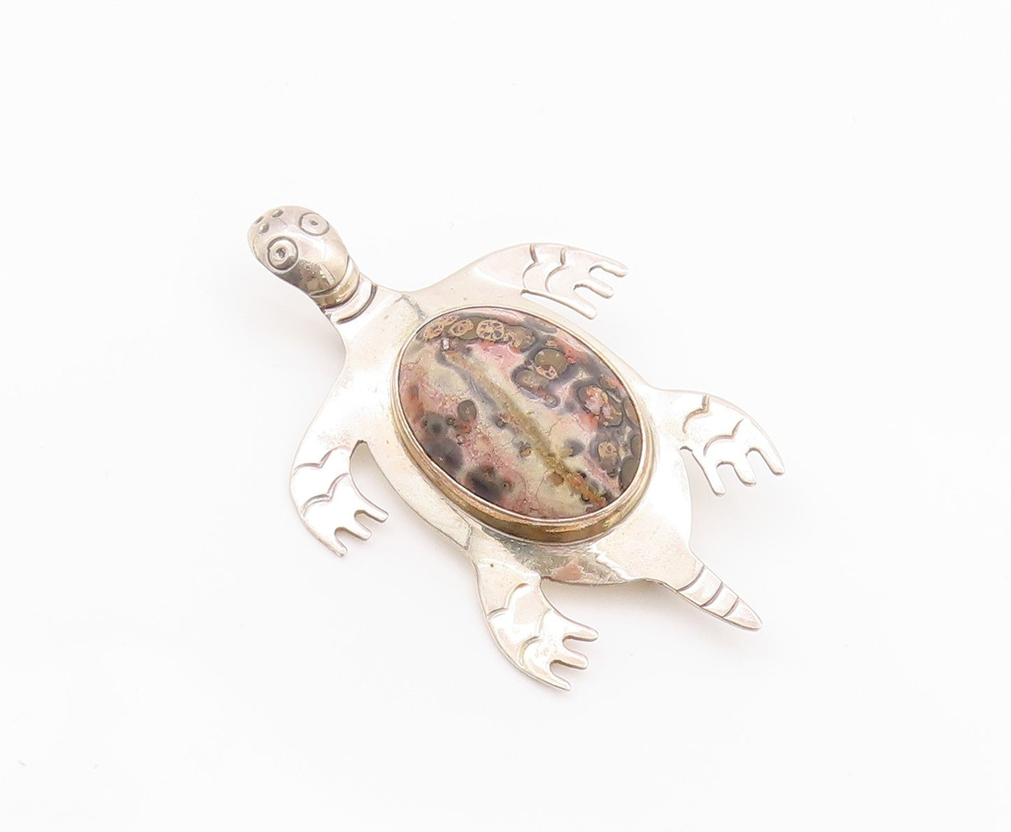 925 Sterling Silver Vintage Brooch MEXICO Oval Gemstone Turtle Cutout  BP11655