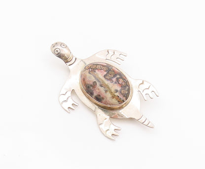 925 Sterling Silver Vintage Brooch MEXICO Oval Gemstone Turtle Cutout  BP11655