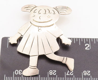 925 Sterling Silver Vintage Brooch Pin MEXICO Solid Etched Cartoon Girl  BP11062