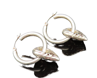 925 Sterling Silver  Vintage Scroll Love Heart Charm Hoop Earrings  EG11910