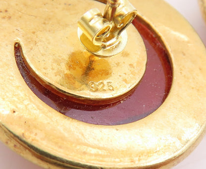 925 Sterling Silver Vintage Earrings Gold Plated Cabochon Amber Studs  EG13795