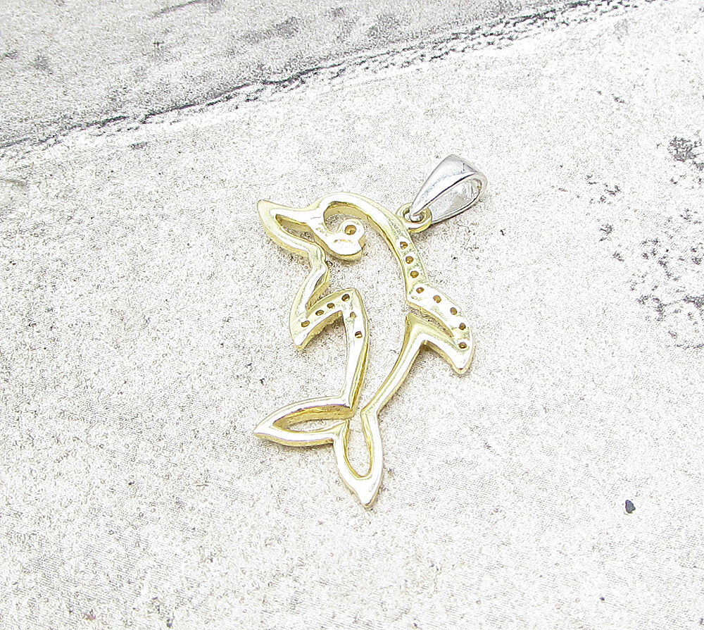 Gold Over 925 Sterling Silver Cubic Zirconia Dolphin Drop Pendant PT1361