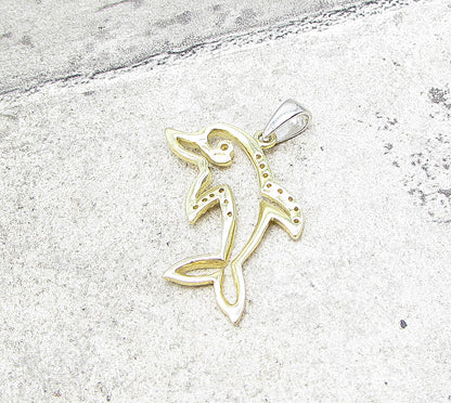 Gold Over 925 Sterling Silver Cubic Zirconia Dolphin Drop Pendant PT1361