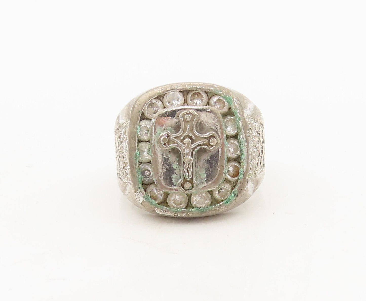 925 Silver  Vintage Carved Religious Cross Inlay CZ Solid Ring Sz 8  RG27079