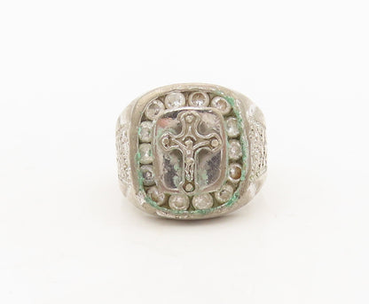925 Silver  Vintage Carved Religious Cross Inlay CZ Solid Ring Sz 8  RG27079
