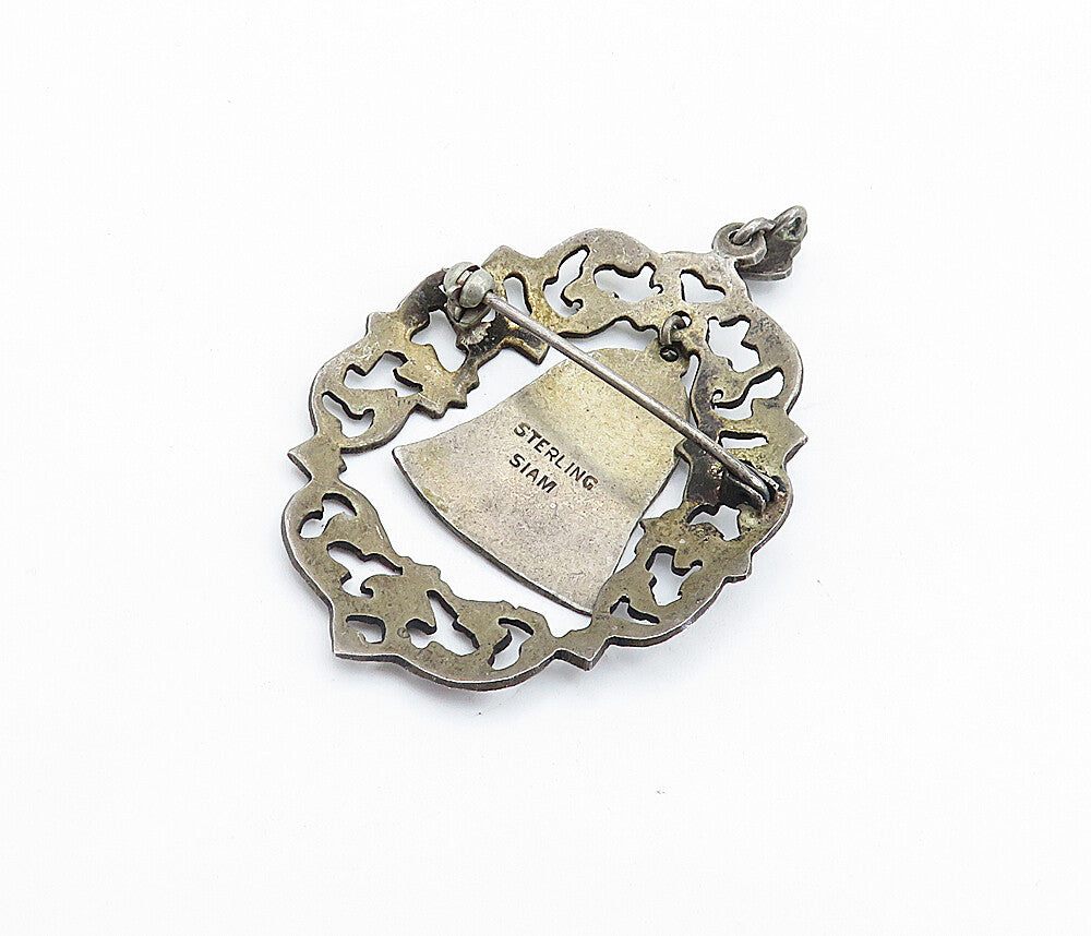 SIAM 925 Silver  Vintage Antique Niello Dangling Bell Brooch Pin  BP2169