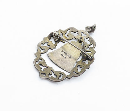 SIAM 925 Silver  Vintage Antique Niello Dangling Bell Brooch Pin  BP2169