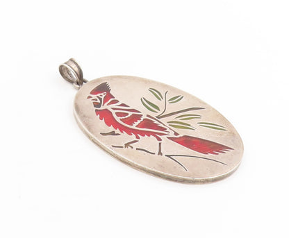 925 Sterling Silver Vintage Pendant Enameled Cardinal Bird On Branch  PT25430