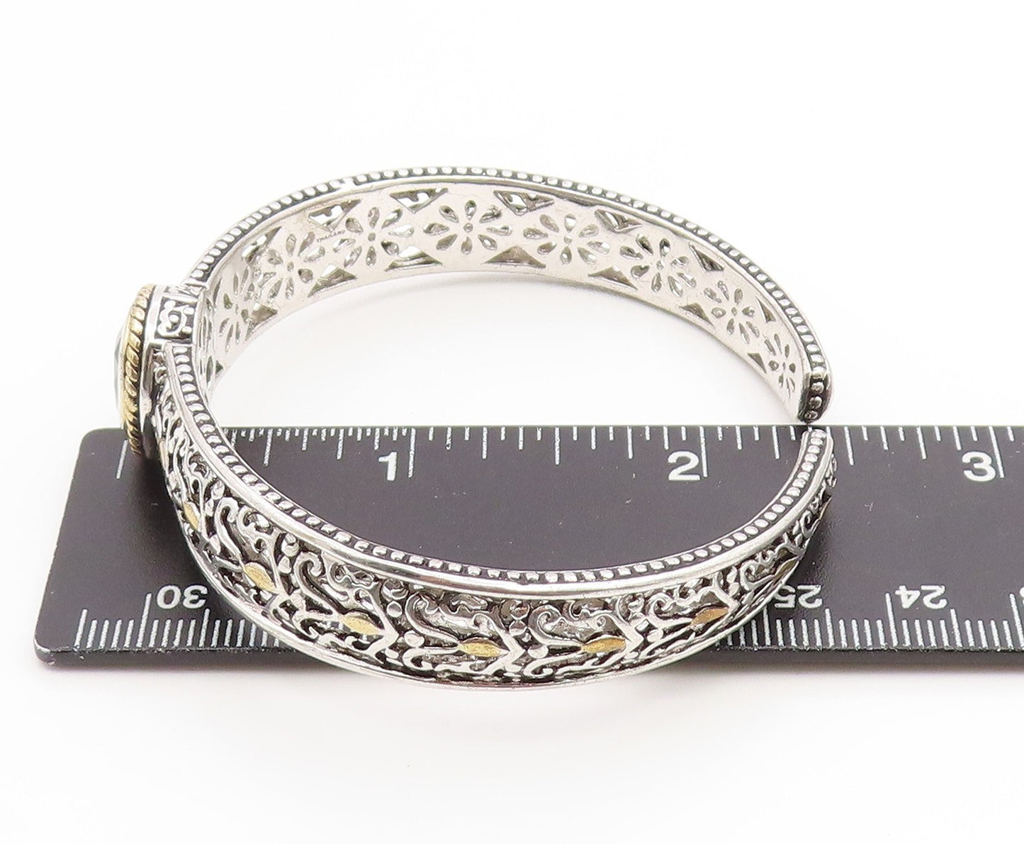 925 Sterling Silver Vintage Bracelet Two Tone Blue Topaz Openwork Cuff  BT11892