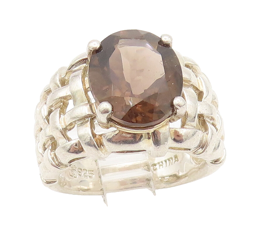 925 Sterling Silver Vintage Ring Checks Woven Effect Smokey Quartz Sz 6  RG27905