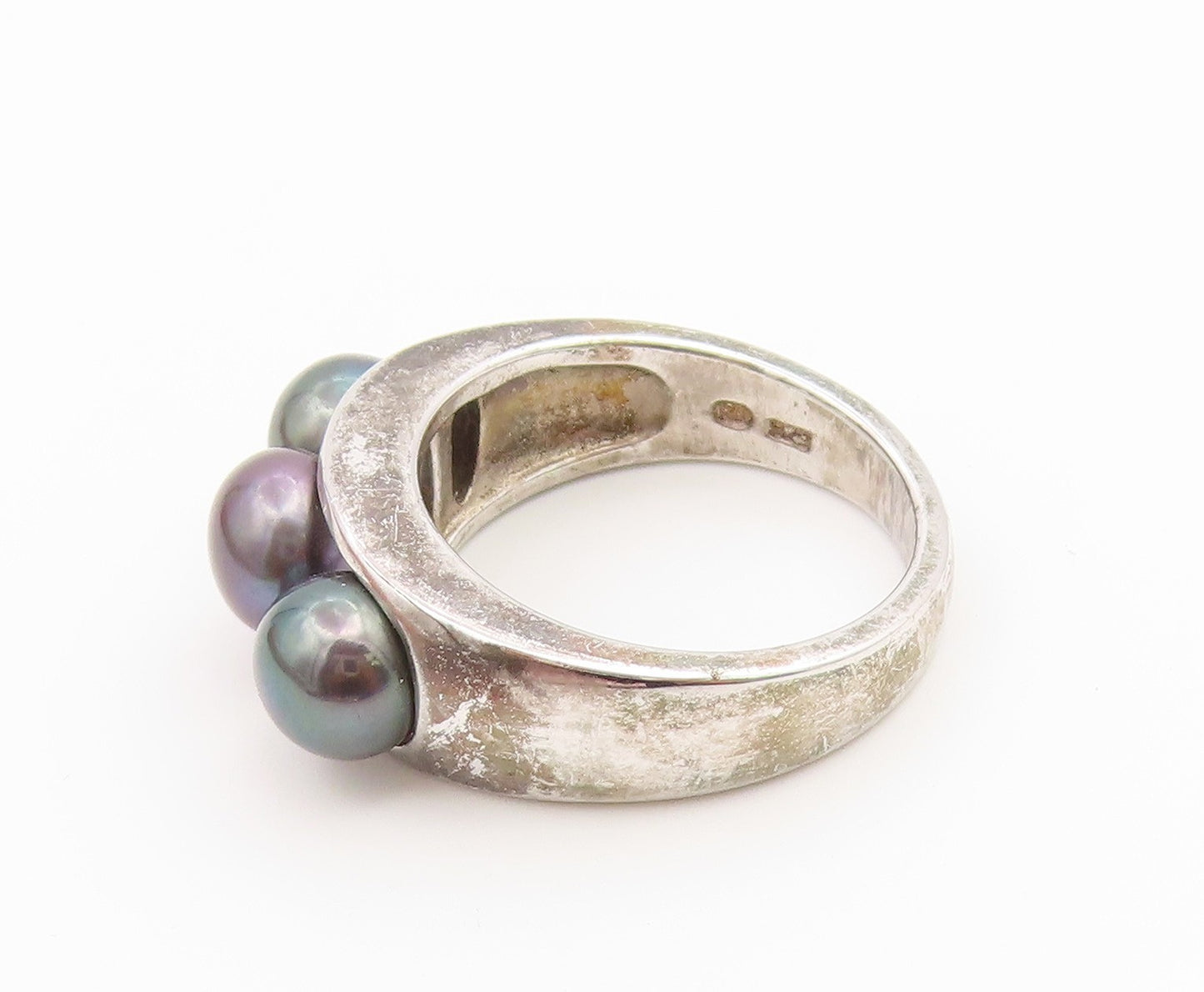 925 Sterling Silver Vintage Ring Modernist Triple Pearl Band  Sz 8  RG36940