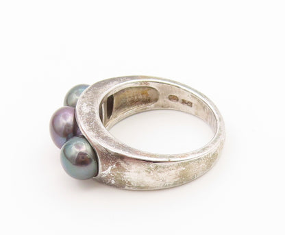 925 Sterling Silver Vintage Ring Modernist Triple Pearl Band  Sz 8  RG36940