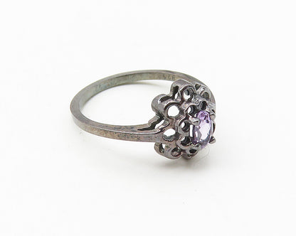 925 Sterling Silver  Vintage Amethyst Dark Tone Floral Band Ring Sz 6  RG10569