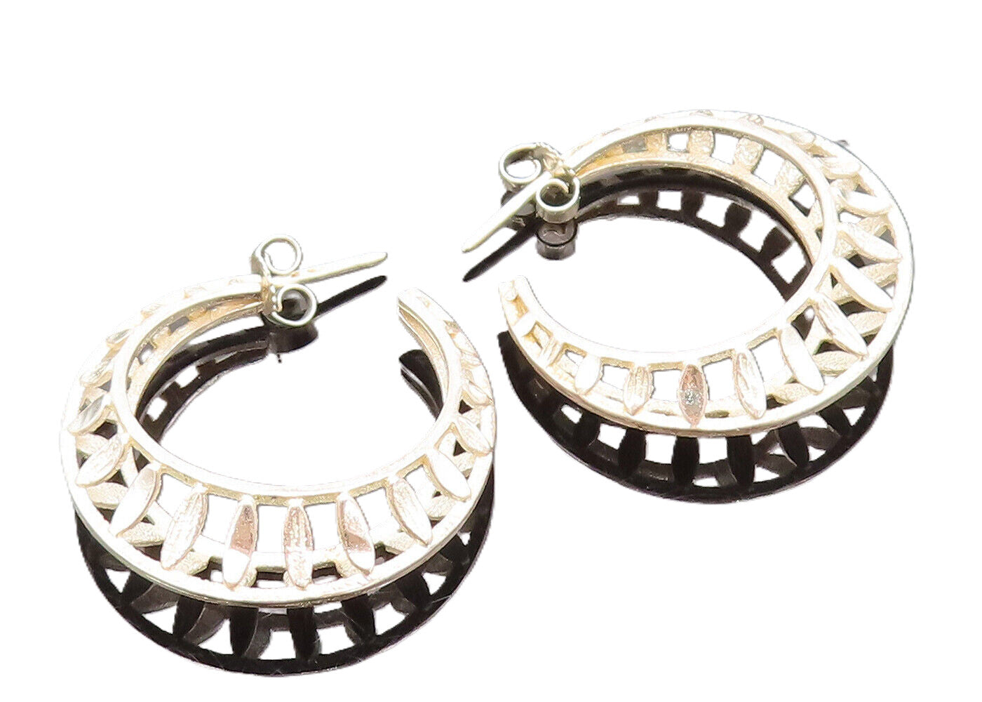 925 Sterling Silver  Vintage Openwork Navette Cutout Hoop Earrings  EG12307