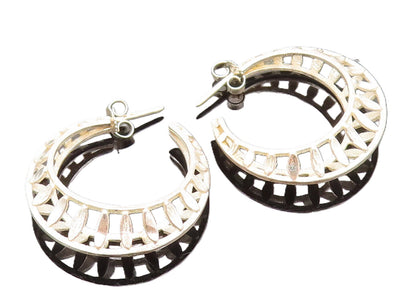925 Sterling Silver  Vintage Openwork Navette Cutout Hoop Earrings  EG12307