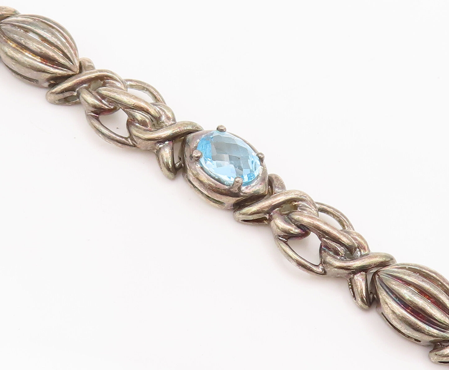 925 Sterling Silver Vintage Bracelet Blue Topaz Carved Knotted Link  BT10208
