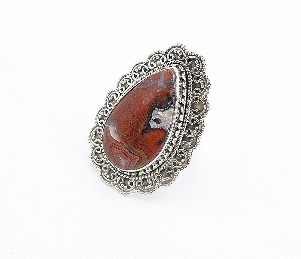 925 Sterling Silver  Vintage Agate Swirl Border Cocktail Ring Sz 10  RG8102