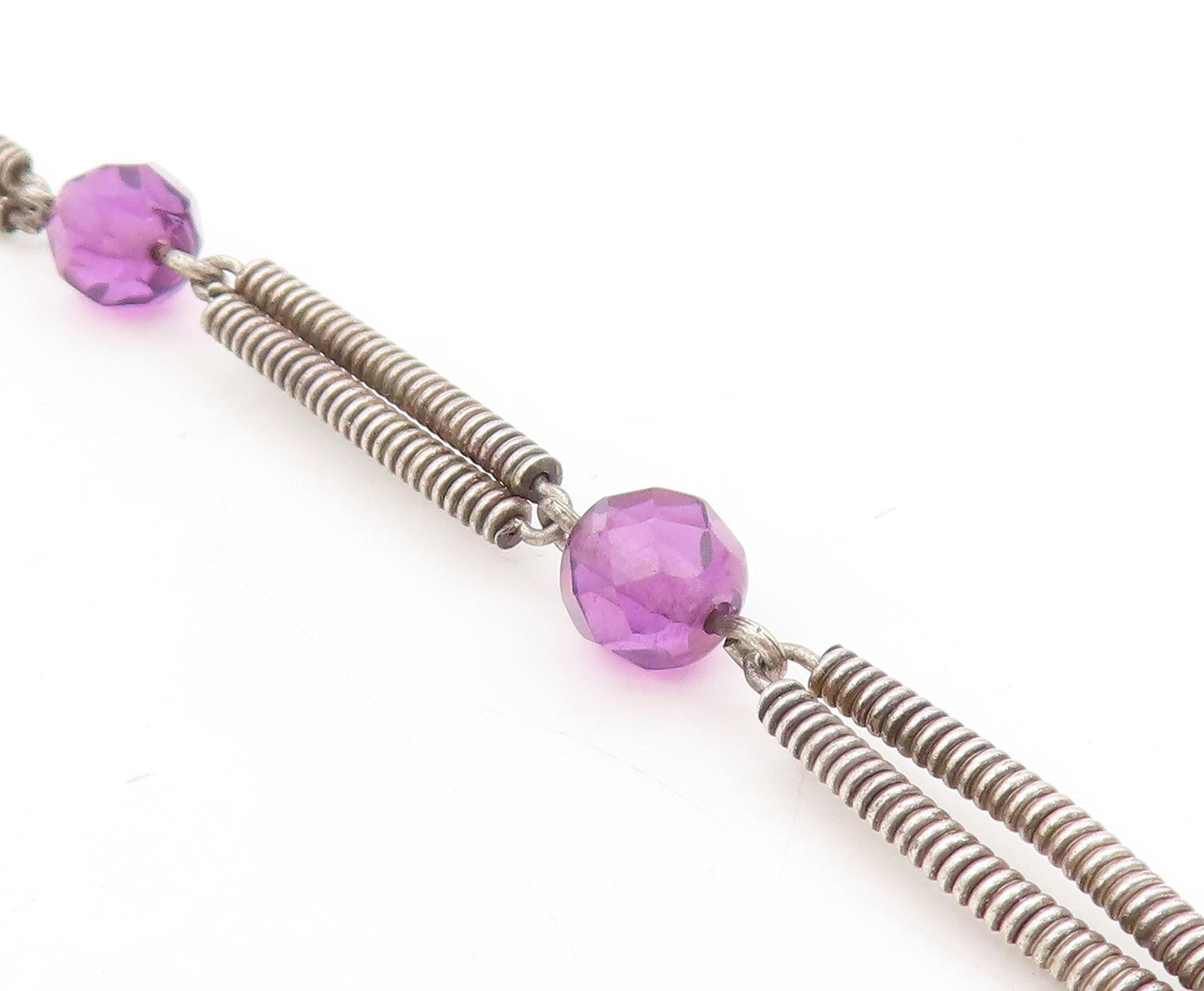 925 Sterling Silver Vintage Necklace Spring Design Cutout Beaded Amethyst NE4420