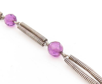 925 Sterling Silver Vintage Necklace Spring Design Cutout Beaded Amethyst NE4420