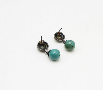 925 Silver  Vintage Beaded Turquoise Dark Tone Stud Drop Earrings  EG1942
