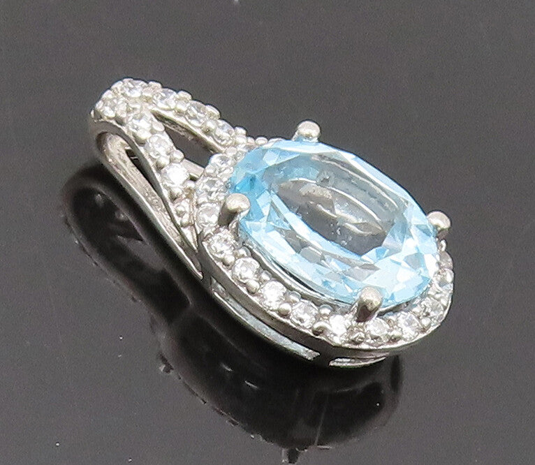 925 Sterling Silver Vintage Pendant Blue Topaz Halo White Topaz Band  PT22508