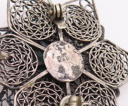 925 Sterling Silver Vintage Brooch Malachite Floral Filigree Petal Pin  BP12087