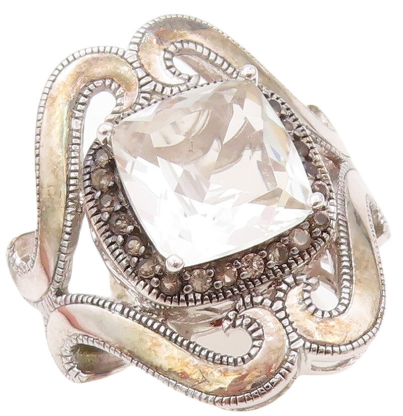 925 Sterling Silver Vintage Ring Designer Swirly Cutout Topaz  Sz 5  RG30565
