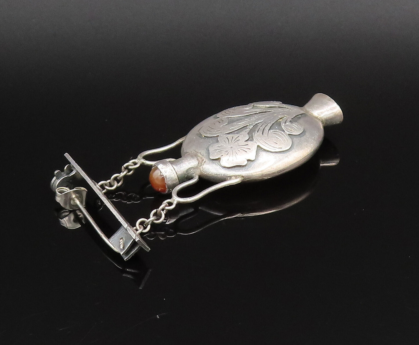 ISRAEL 925 Silver  Vintage Carnelian Perfume Bottle Brooch Pin (OPENS)  BP9886