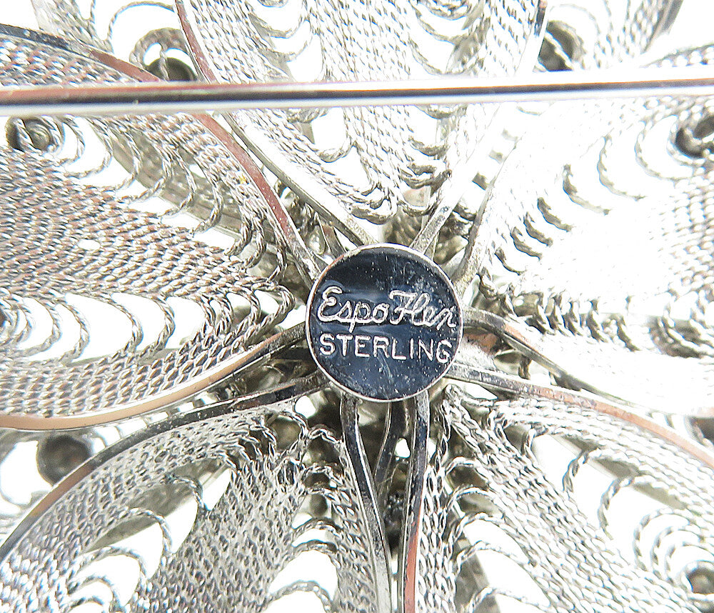 ESPO 925 Silver  Vintage Cubic Zirconia Filigree Flower Brooch Pin  BP2853