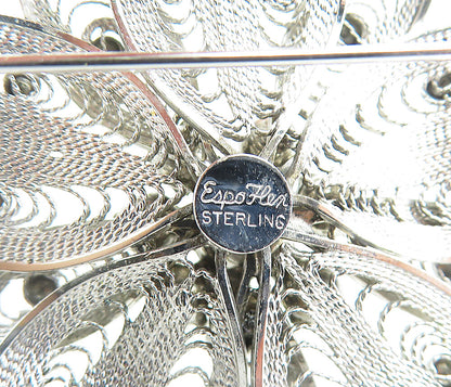 ESPO 925 Silver  Vintage Cubic Zirconia Filigree Flower Brooch Pin  BP2853