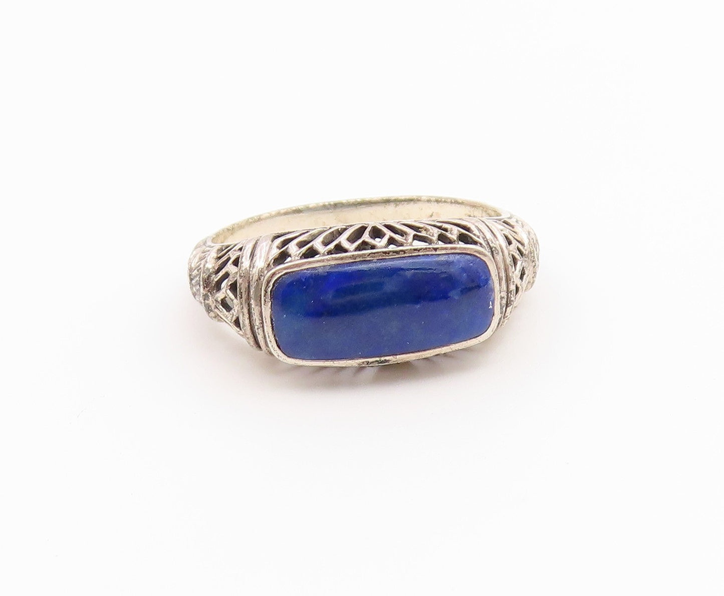 925 Sterling Silver Vintage Ring Lapis Lazuli Floral Cutout Band  Sz 8  RG36699
