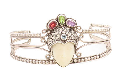 925 Sterling Silver Vintage Bracelet Garnet Peridot Amethyst Crown Face  BT10945