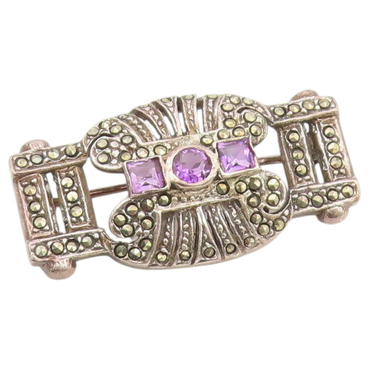 925 Sterling Silver Vintage Brooch Pin Classic Amethyst & Marcasite  BP12633