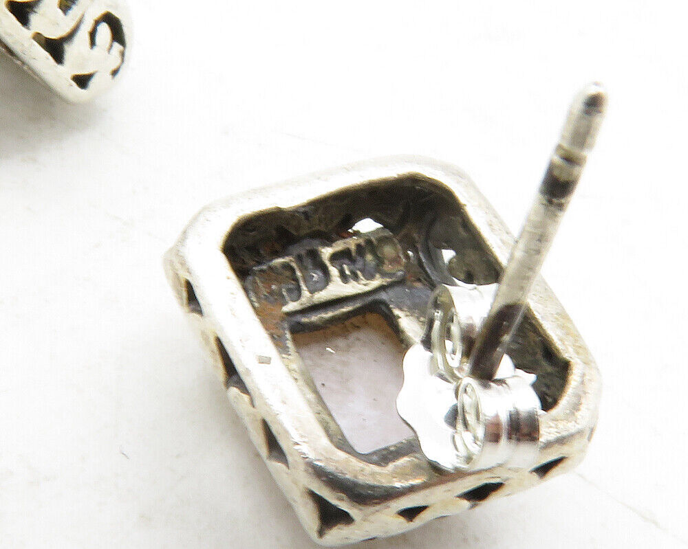 925 Sterling Silver  Vintage Mother Of Pearl Swirl Square Stud Earrings EG6357