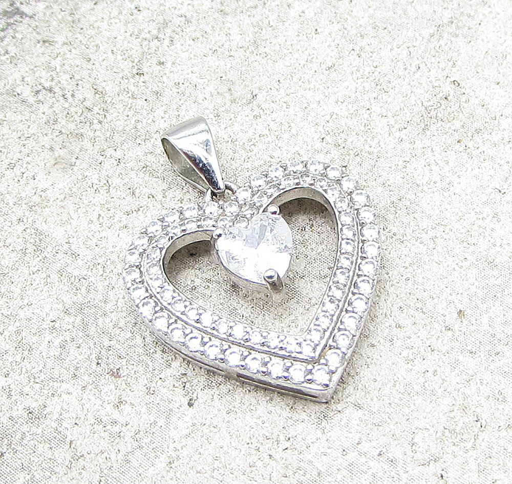 925 Sterling Silver  White Topaz & Cubic Zirconia Love Heart Pendant  PT1114