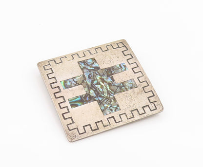 925 Sterling Silver Vintage Brooch Pin MEXICO Abalone Inlay Square  BP12436