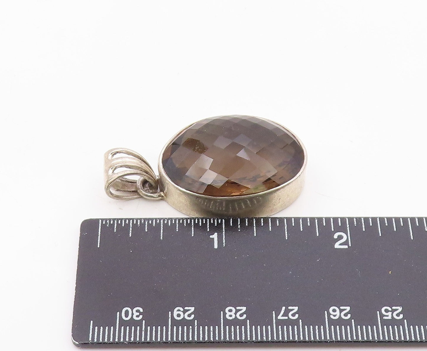 925 Sterling Silver  Vintage Faceted Smoky Topaz Oval Drop Pendant  PT9670
