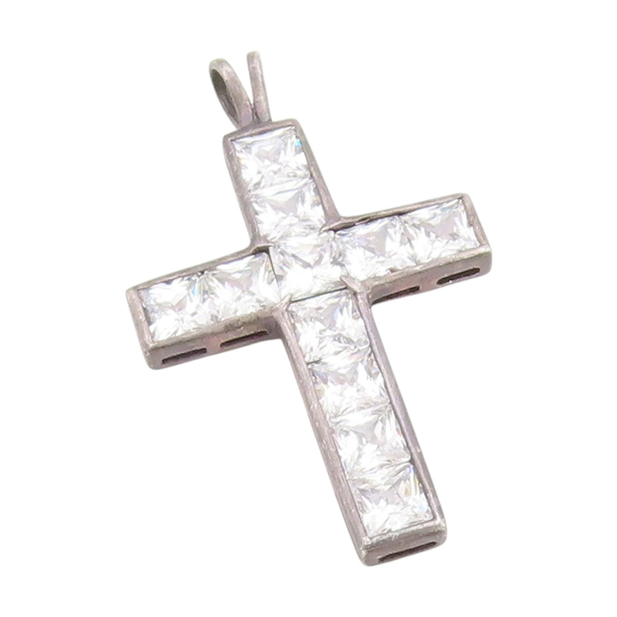 925 Sterling Silver Vintage Pendant CZ Geometric Square Religious Cross  PT25868