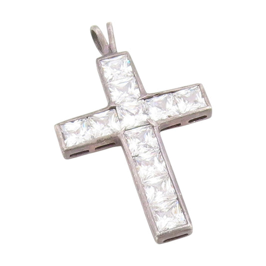 925 Sterling Silver Vintage Pendant CZ Geometric Square Religious Cross  PT25868