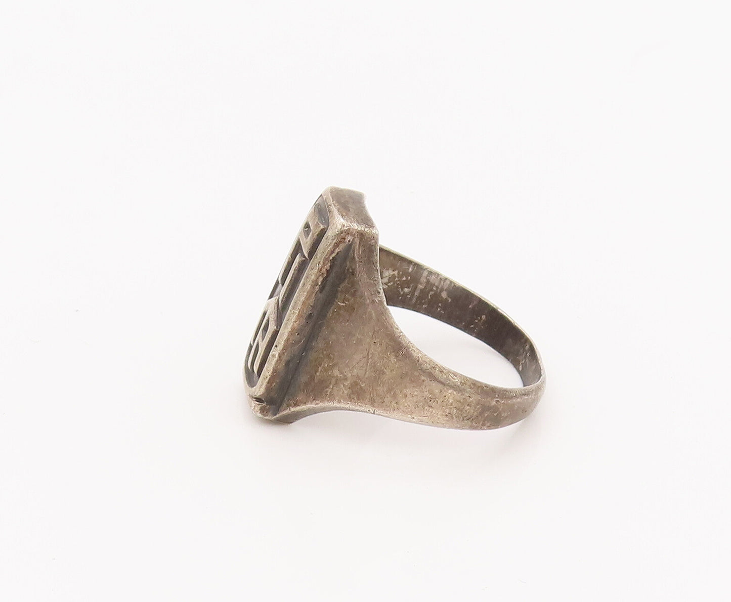 925 Silver Vintage Ring Antique Solid Carved Calligraphed Letters Sz 5 RG27595