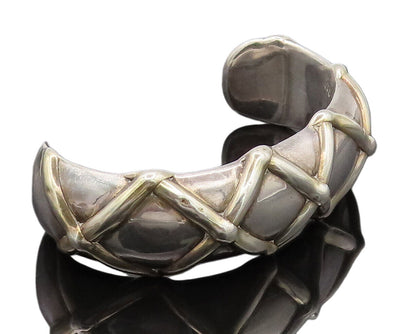 925 Sterling Silver Vintage Bulged Checks Cross Solid Cuff Bracelet BT9966