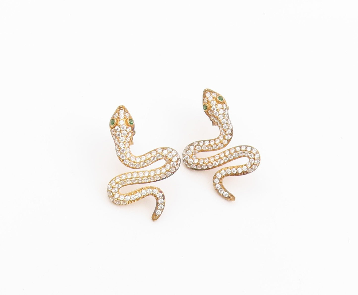 925 Sterling Silver Vintage Earrings Gold Plated CZ Pave Cosmic Snake  EG14486