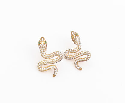 925 Sterling Silver Vintage Earrings Gold Plated CZ Pave Cosmic Snake  EG14486