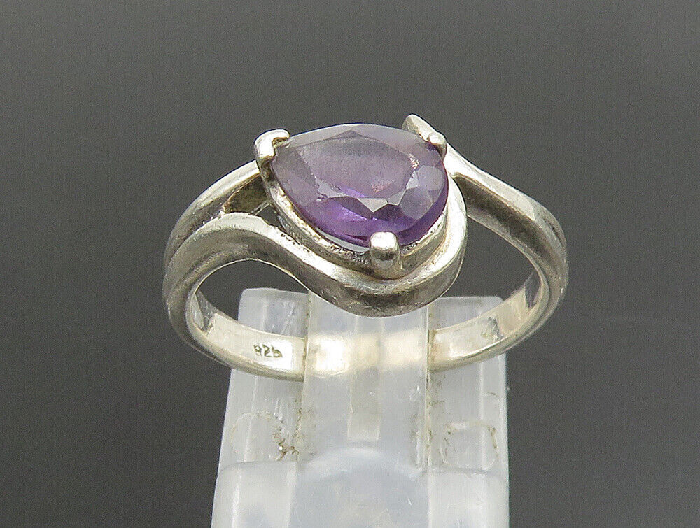 925 Sterling Silver  Vintage Pear Shaped Amethyst Bypass Ring Sz 7  RG25154