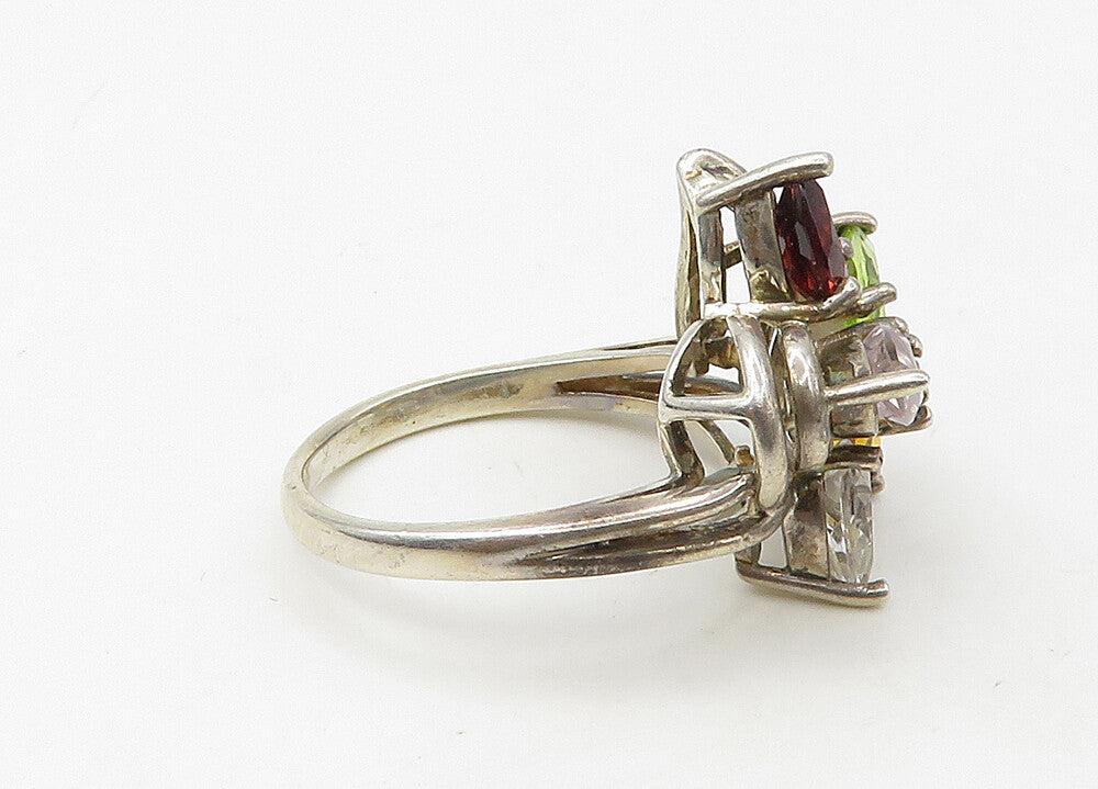 925 Silver  Vintage Peridot Citrine Garnet & Topaz Band Ring Sz 6  RG21523