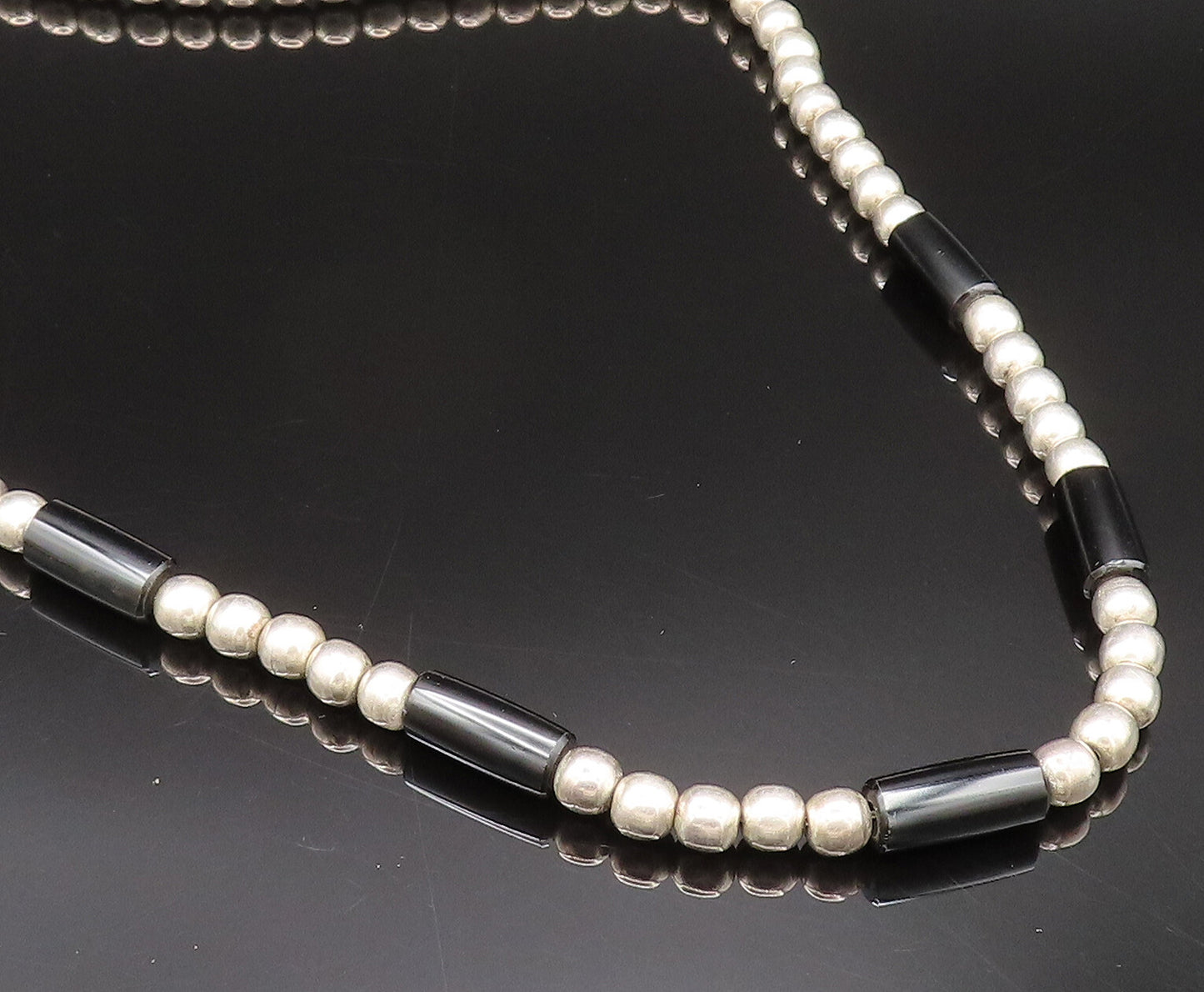 MEXICO 925 Sterling Silver Vintage Black Onyx Tube & Ball Beads Necklace  NE4026