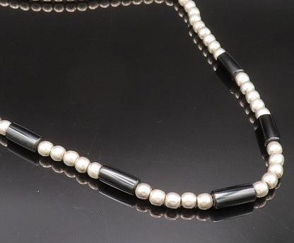 MEXICO 925 Sterling Silver Vintage Black Onyx Tube & Ball Beads Necklace  NE4026