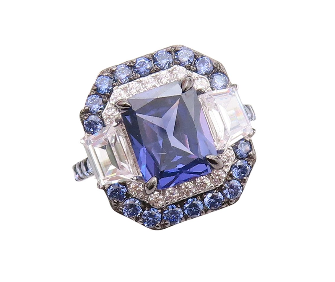 925 Sterling Silver Vintage Ring Designer Rectangle Sapphire & CZ  Sz 7  RG30893